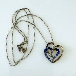 Vintage Diamond Sapphire Blue Topaz Sterling Silver Heart Pendant .925 Chain 18"